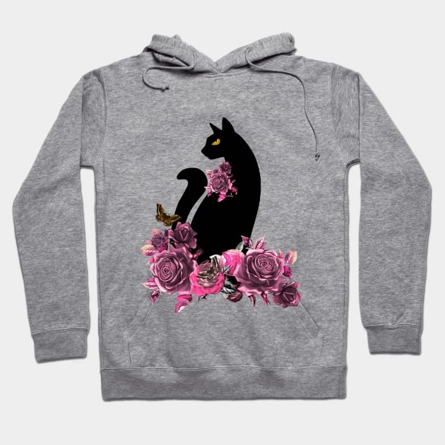 black color cat with butterfly moth and flowers, cats lovers design Hoodie by Collagedream